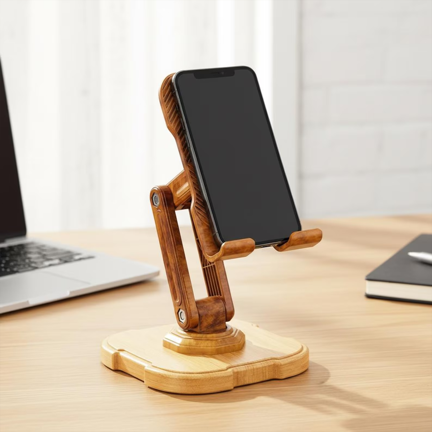 Multi-Angle Foldable Device Support Stand, Vintage Wood Textured Adjustable Desktop Holder For Smartphones
