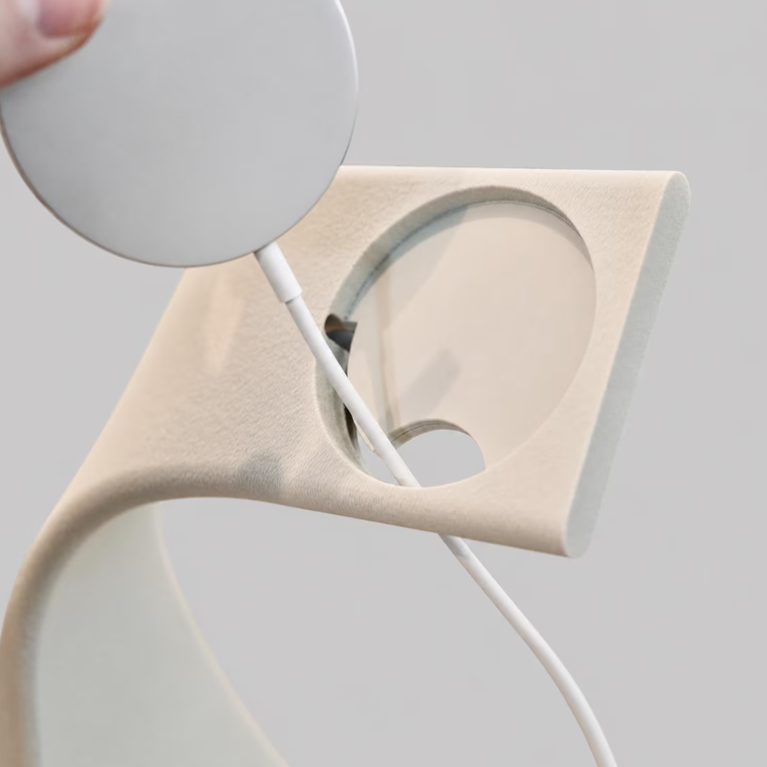 Curved Sculptural Charging Dock, Minimal Horizontal Device Holder With Built-In Cable Routing For Workspace