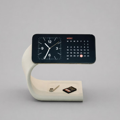 Curved Sculptural Charging Dock, Minimal Horizontal Device Holder With Built-In Cable Routing For Workspace
