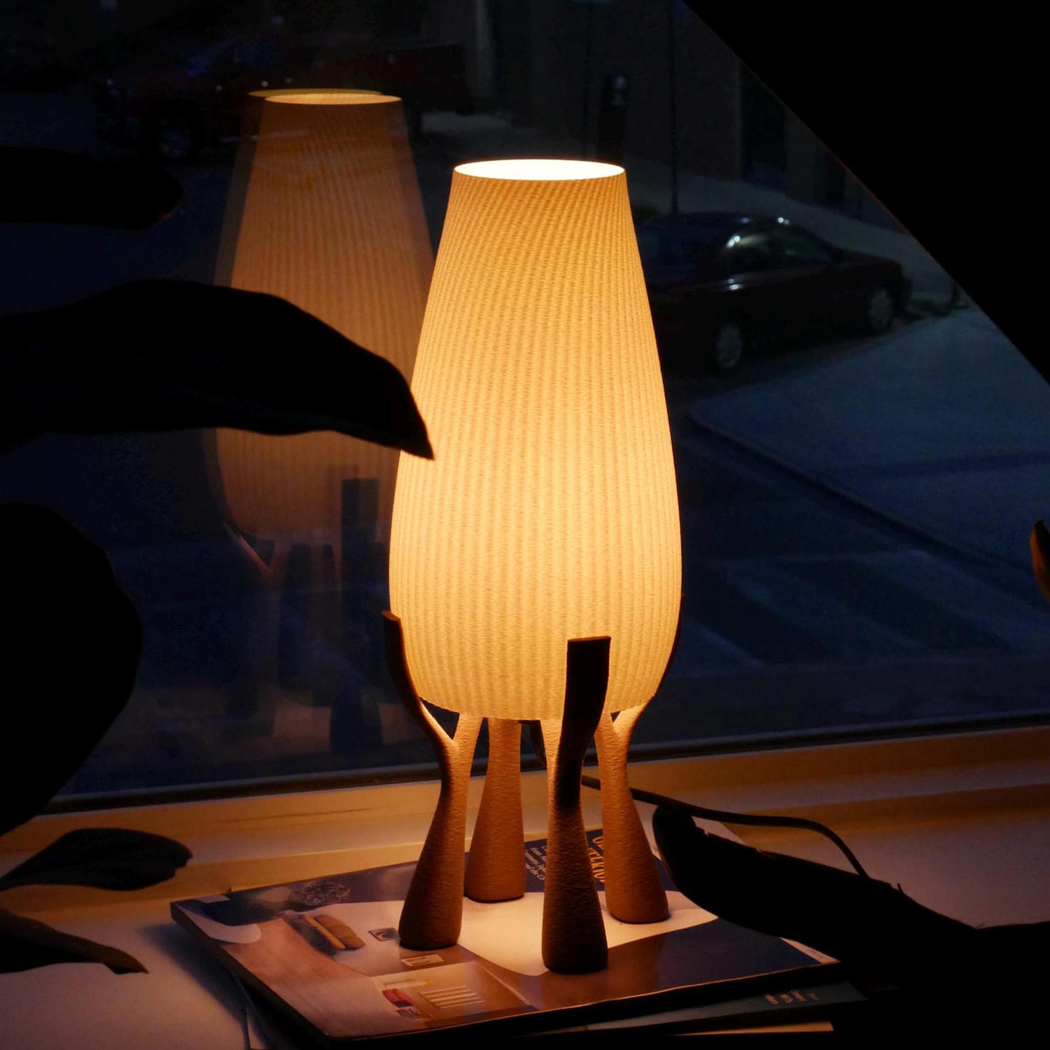 Sculptural Tall Desk Lamp, Vertically Ridged Light Shade With Multi-Leg Support Stand For Gentle Ambient Illumination