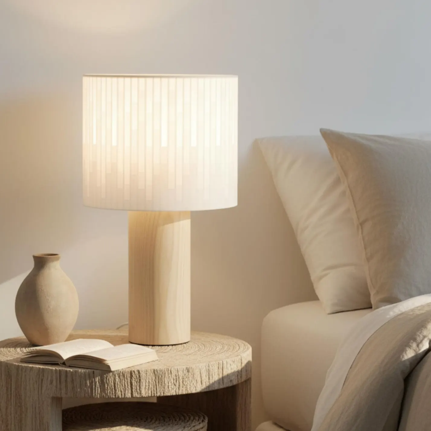 Cylindrical Bedside Lamp, Vertical Striped Light Shade For Soft Diffused Interior Ambient Lighting